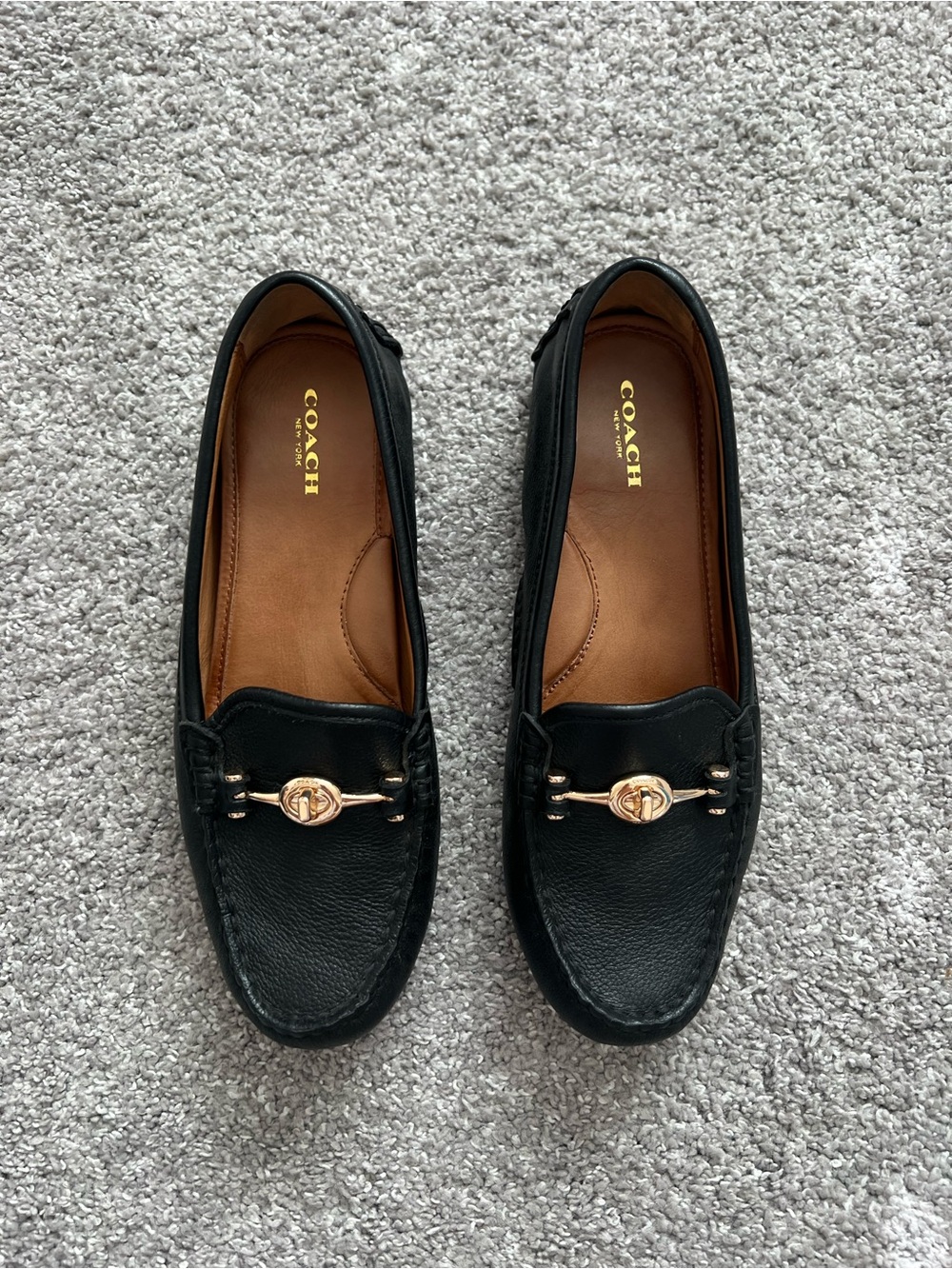 Coach Arlene Black Leather Loafers with Gold turn-lock Buckle shoes